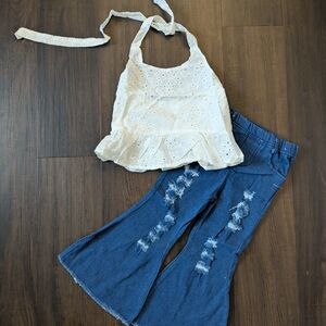 Eyelet Halter Top and Distressed Flare Jeans Set